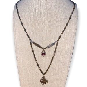 Designer Two Tier Gunmetal Discs Jerusalem Cross Red Stone & Rhinestone Necklace